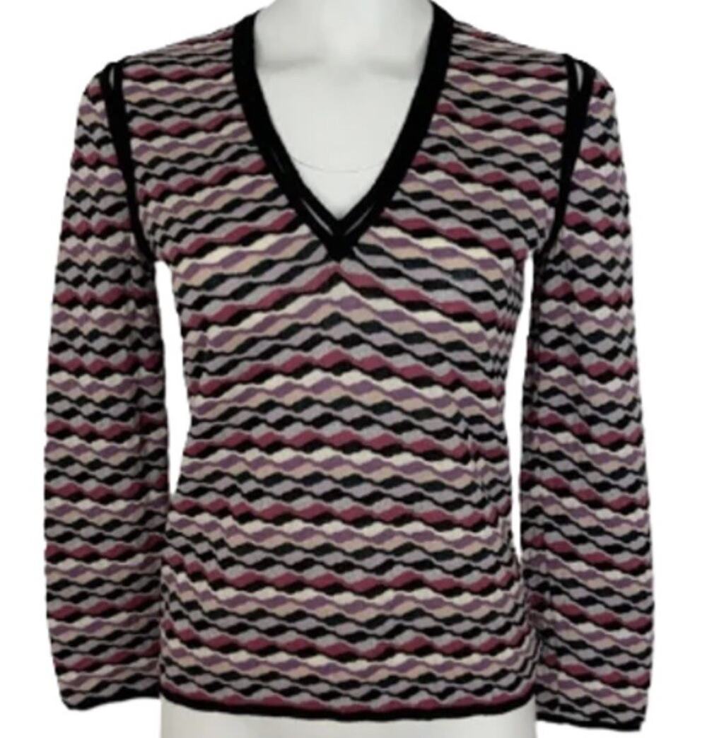 Missoni Italy Wave Knit Wool Blend V-Neck Sweater Cutout Trim Multicolor XS